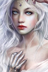 A pale young woman with white hair sheds an icy tear.