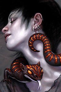 A black-and-red-striped salamander curls around a pale contented woman's neck.