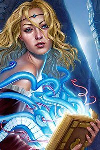 A blond woman holds a magical tome from which long blue tentacles emerge.