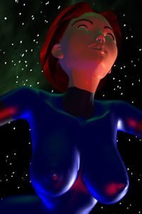 An shapely woman in a tight blue suit floats in space.