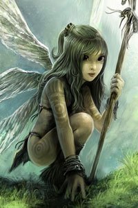 A little fairy crouches with a dead wasp at the end of her spear.