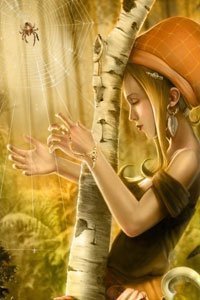 A slender blond woman plays a spiders web like a harp in a golden forest.