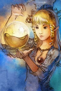 A young blond woman gazes at a large glowing sphere.