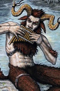 A goatish man with large horns plays the pipes. 