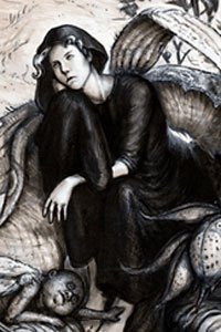 A woman dressed in black is deep in thought, surrounded by strange, spectral figures.