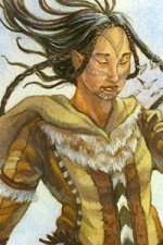 An female Inuit wind giant stands, long dark hair trailing behind her.
