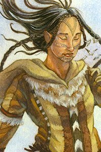 An female Inuit wind giant stands, long dark hair trailing behind her.