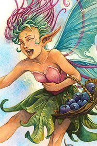 A mirthful fairy with fluorescent wings laughs while clutching her belly.