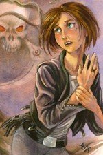 A young woman clutches her hand while looking in fear at the image of a skull behind her.