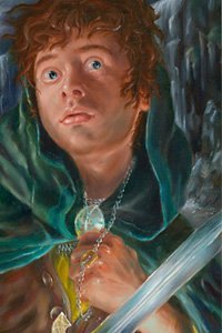A cautious hobbit clutches as a necklace while weilding a small blade.