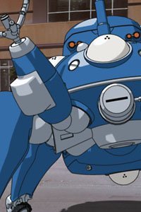 A blue bug-eyed AI tank -- called a tachikoma -- from the series Ghost in the Shell: Stand Alone Complex.