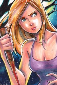 Buffy Summers, a young blonde woman with a large wooden spike.