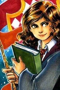 Hermione Granger, a young spellcaster holding a large book and a magic wand.
