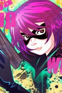 A masked girl with magenta hair brandishing a large pistol, a.k.a. Hit Girl.