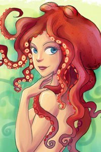 A young woman with a brownish-orage octopus on her head.