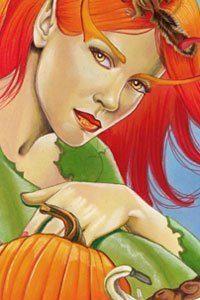 A red-haired fairy wearing a green robe sits next to a pumpkin.