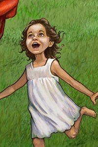 A little girl in a white dress running like crazy.
