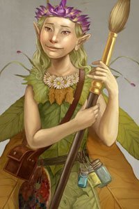 A small winged fairy girl wearing green holds a paintbrush.
