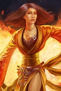 A thin-waisted woman wearing orange robes is bathed in fire.