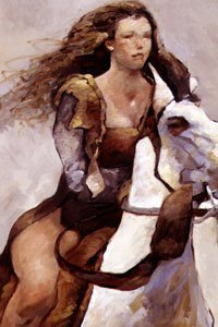 A woman with long brown hair rides a white horse.