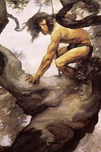 A muscular man wearing a loincloth crouches on a tree limb.