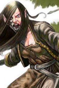 A woman with pointed ears and long black hair yells as she attacks.