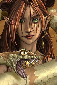 An elf woman with long brown hair with a large fanged serpent.