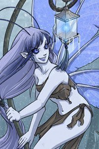 A small winged fairy with a small blue lantern on a pole.