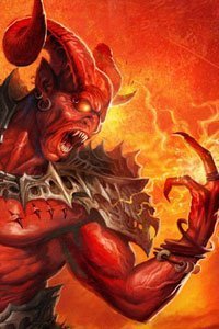 A demonic figure with large horns and bulky armor conjures fire.