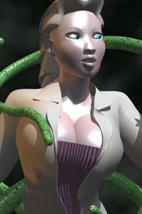 A pale Chinese woman in a purple corset and long coat is surrounded by green tentacles.