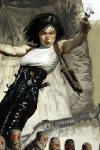 A woman in leather leaps and shoots.