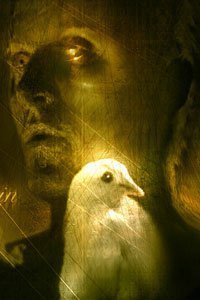 Roy Batty (Rutger Hauer) with gold eyes and a white dove.