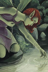 A red-haired fairy bends over a pool of water.