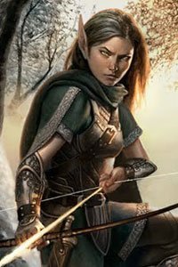 An elf woman in green clothing draws her bow in the forest.
