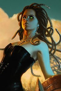 A slender woman with snakes for hair stands defiantly.