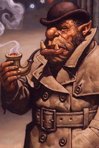 An orc in a trench coat and a bowler hat smokes a large pipe.