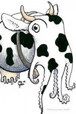 A cow-colored cuttlefish with horns and an udder, a.k.a. Cowthulu.