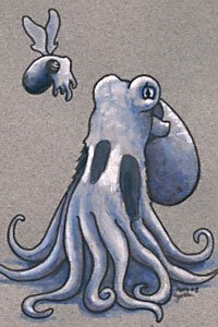 A small winged cuttlefish floats in front of a large octopus.