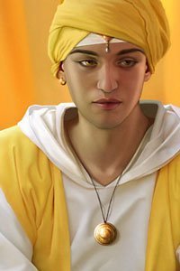 A young prince in white robes and a yellow turban.