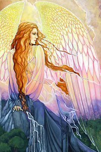 A majestic winged woman surounded by earth, wind, water and fire.