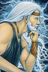 A white haired and bearded man in a blue toga, surrounded by lightning.