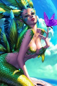 A green and yellow mermaid sits on a rock, holding a purple butterfly.