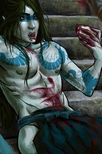 A tattooed vampire lazily sips blood from a cup.