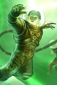 A figure in a space suit is bathed in eerie green light.