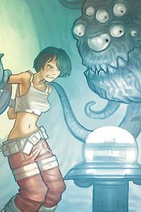 A young woman is held captive by a tentacled monster near a large glowing orb.