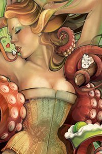 Echo Chernik's Pie Cthulu shows a lovely woman wearing a corset in the embrace of a large octopus' tentacles.