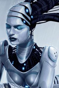 An sexy yet industrial robot woman closes her eyes.