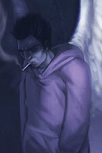 A dour looking man with large white wings in a hoodie smokes a cigarette.