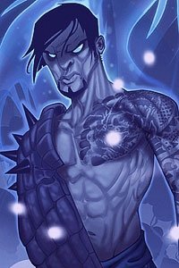 A muscular man with glowing eyes and intricate tattoos stands ready.