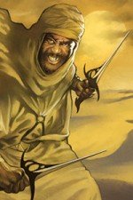 A bearded man in robes angrily wields two daggers.